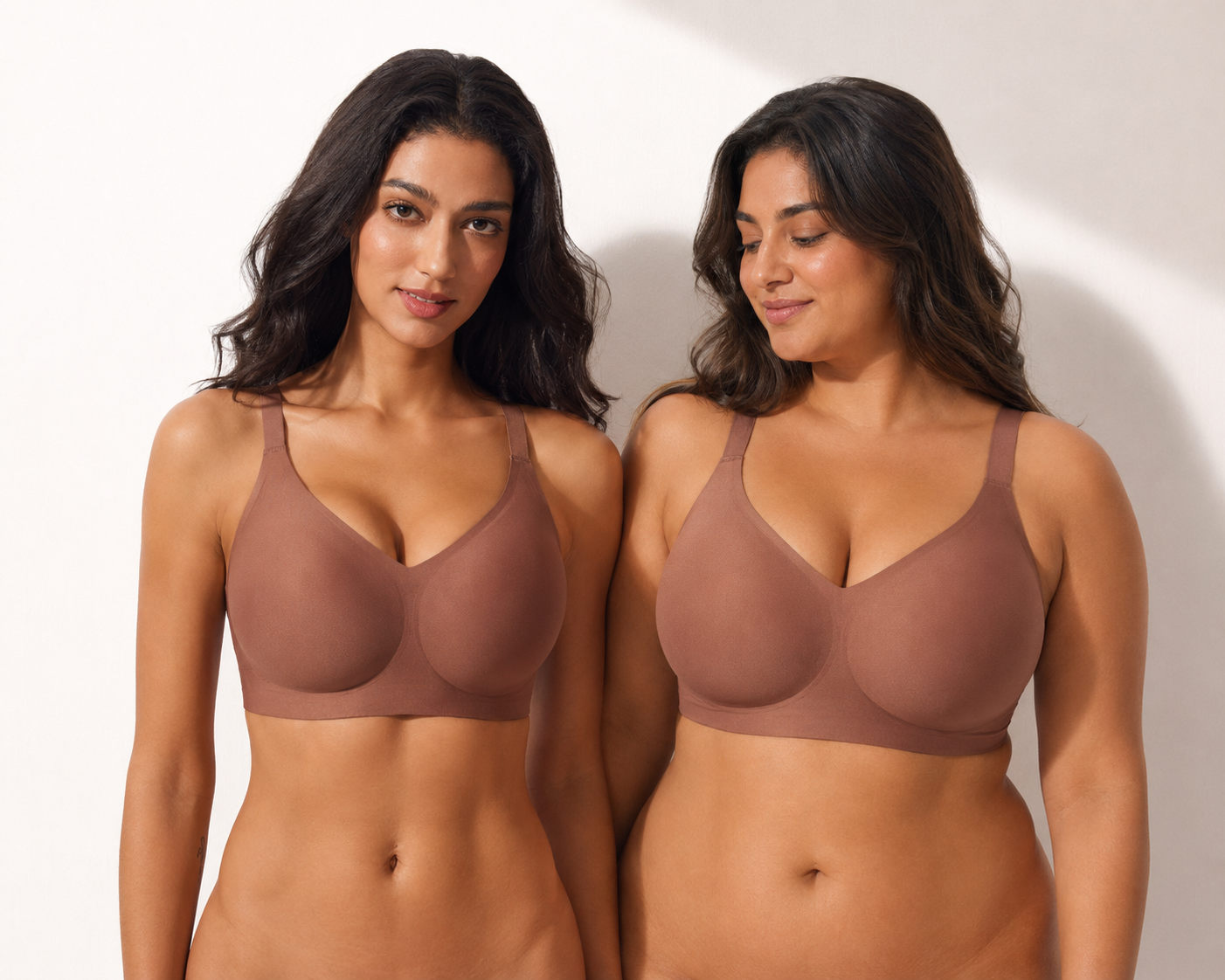 Two adult models with different body types wearing the brown wire-free Bra Top